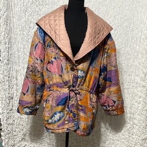 VINTAGE ART TO WEAR SILK HOODED WOMENS MAUVE, BLUE JACKET, SIZE L